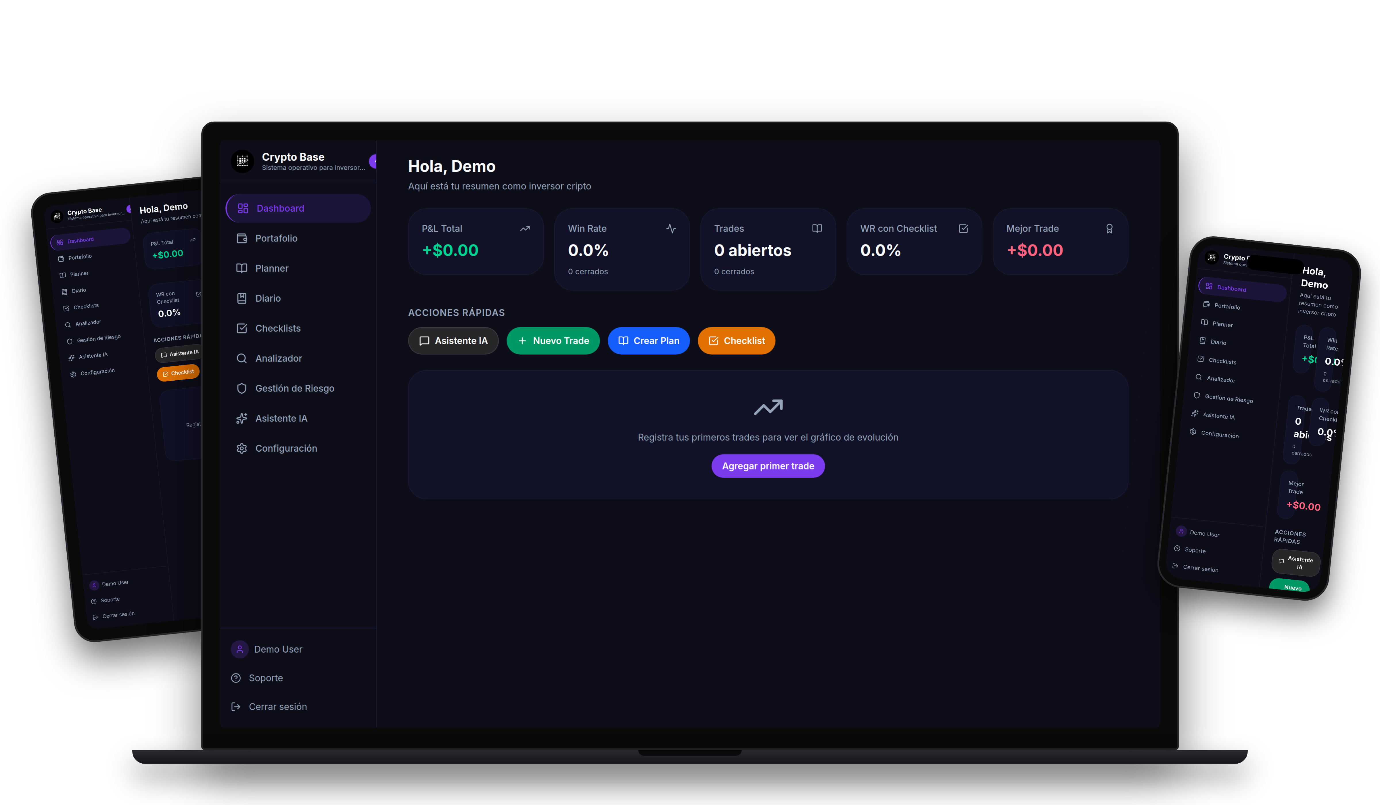 Crypto Base mockup en desktop, tablet y móvil